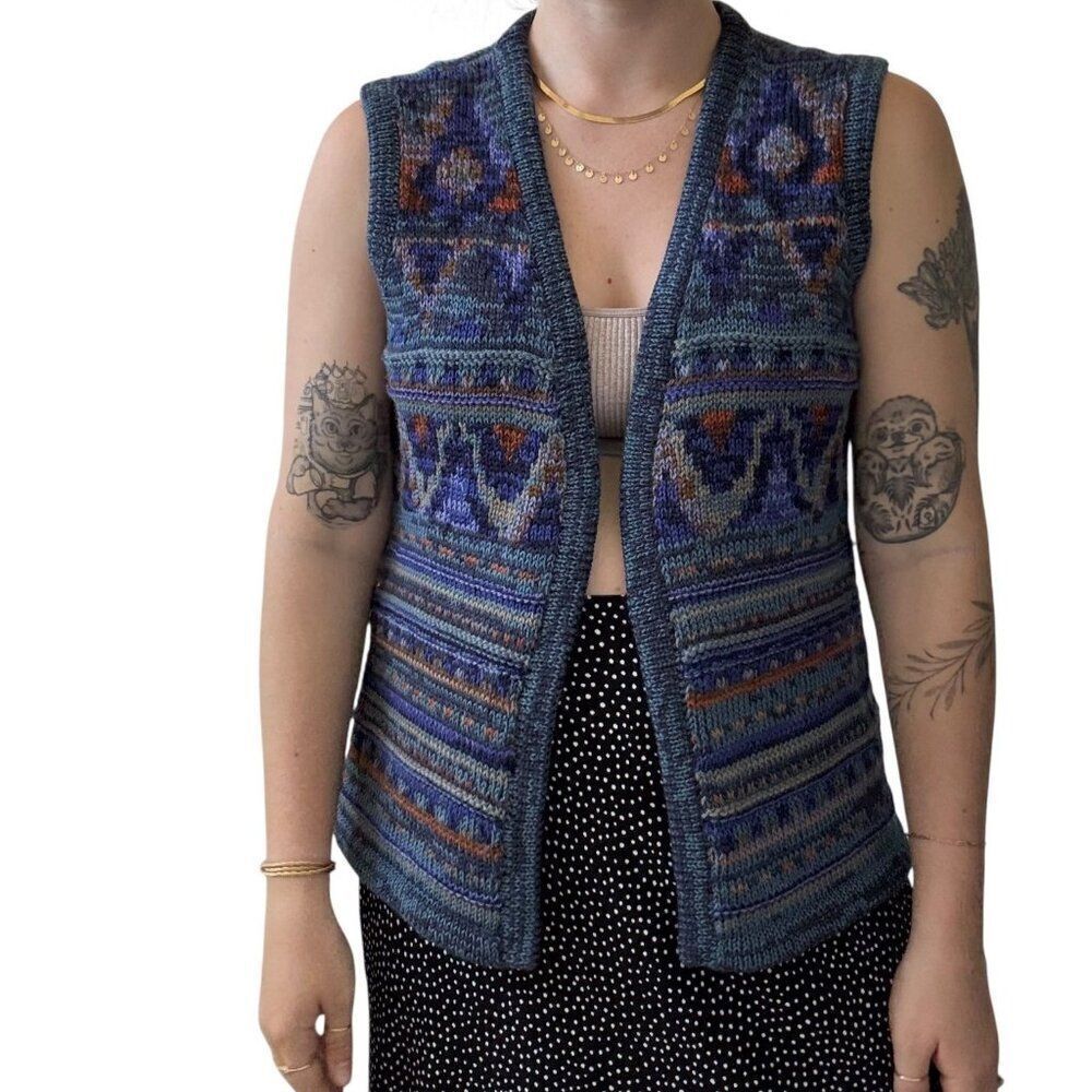 Vintage Manos Del Uruguay Hand Knit 100% Wool Purple Rainbow Sweater Vest sz M